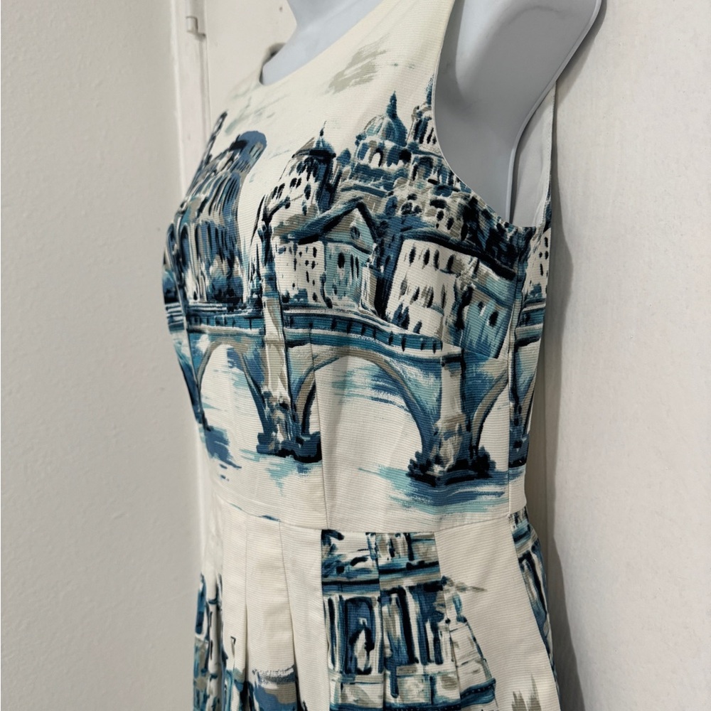 Vintage TALBOTS White and Blue Print forEuropean Scenic Sleeveless Dress Size 4